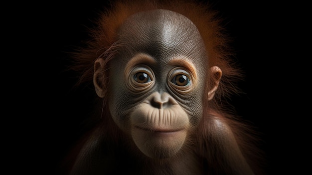 A portrait of an orangutan with a black background.