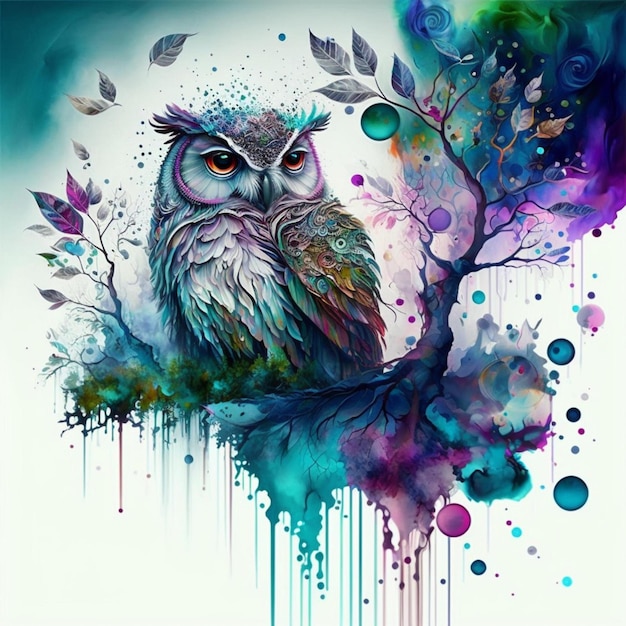 Portrait of an Owl abstract from a splash of watercolor