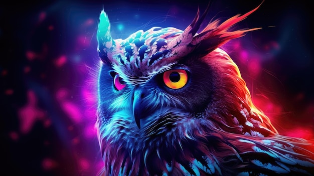 Portrait of an owl in neon colors AI generated