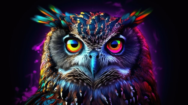 Portrait of an owl in neon colors AI generated