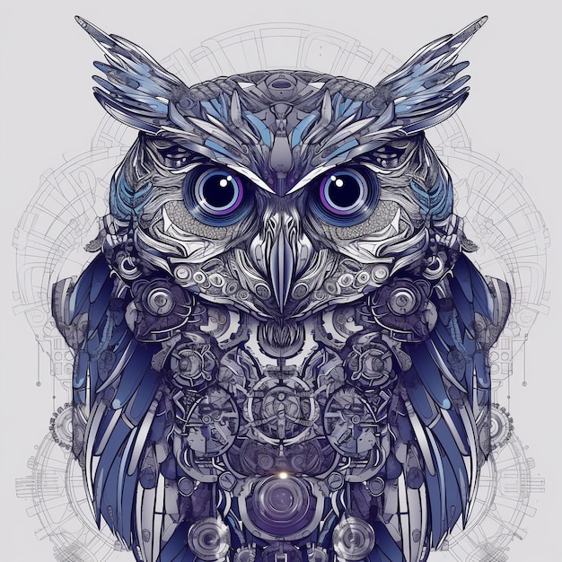 portrait of an owl steampunk indigo blue colorful illustration