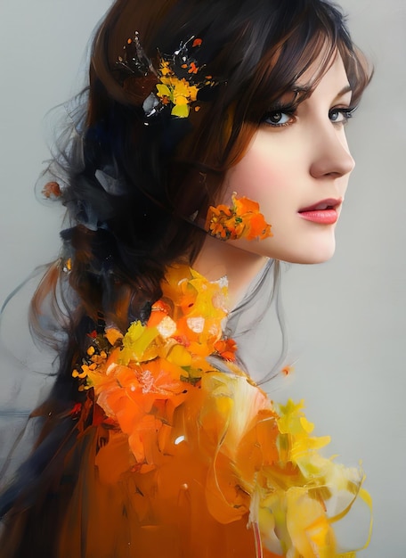 Portrait painting of a beautiful woman in multicolored tones. Abstract picture of a beautiful girl.