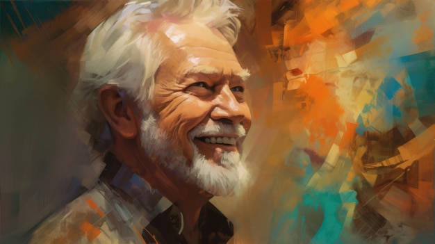 A portrait painting of a smiling older man in an oil on canvas painting style Generative AI AIG21