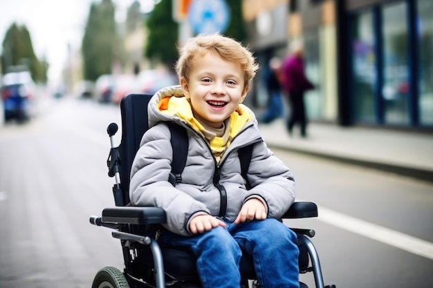 Portrait of a paralyzed boy on a city street in an autumn jacket