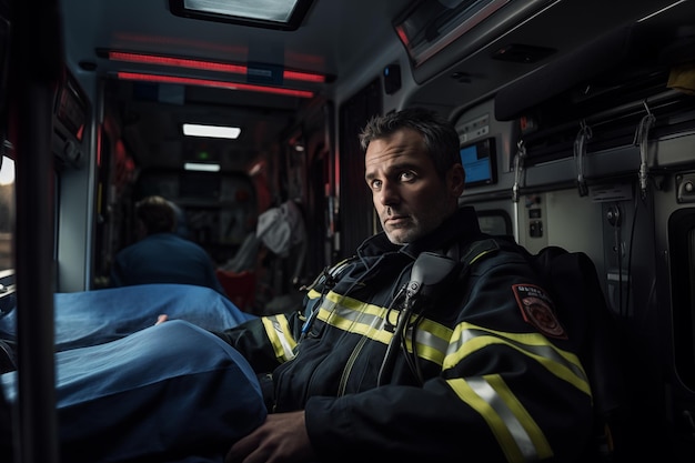 Portrait of a paramedic sitting in ambulance car at night