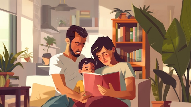 Portrait of Parents reading a storybook to their child in a cozy living room ar 169 Job ID ebdd6fe06c434bd188de6f1680048365