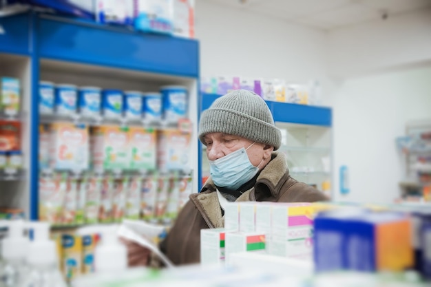 Portrait of pensioner in pharmacy during coronavirus in medical masks