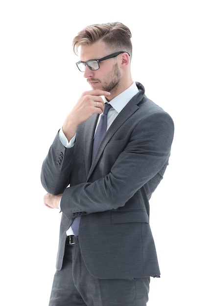 Portrait of a pensive businessman looking away isolated on a white background