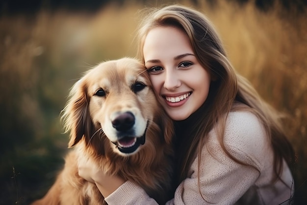 Portrait of people hugging golden retriever dog pet concept