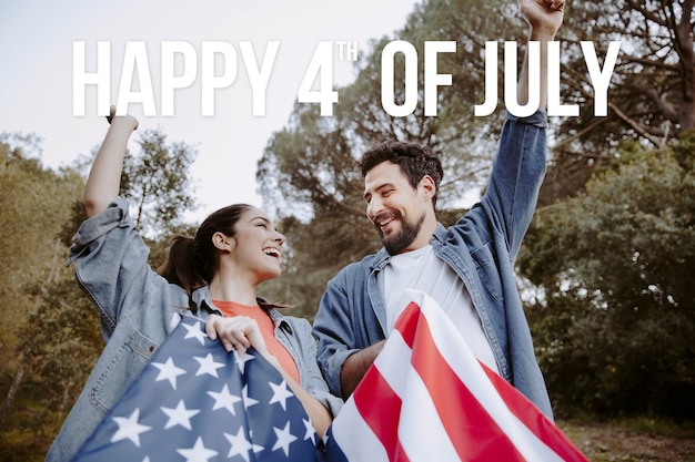 Photo portrait of people with the american flag to celebrate independence day