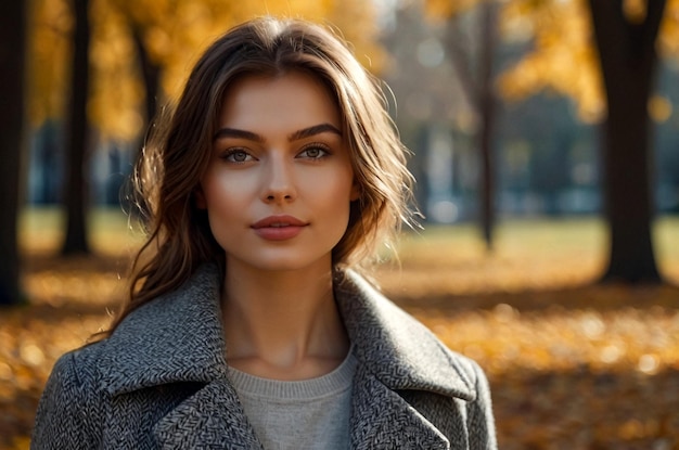 Portrait of perfect young lady in grey coat posing in autumn park looking at camera Lovely stylish w