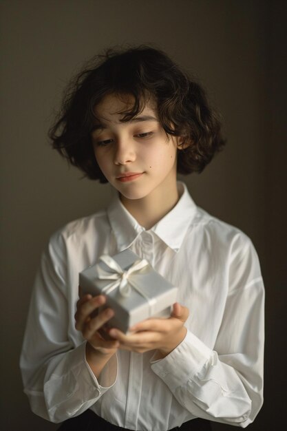 a portrait of a person holding a White Day gift