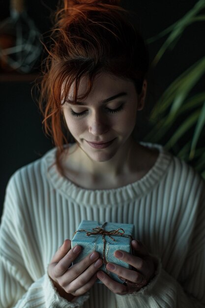 a portrait of a person holding a White Day gift