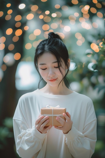 a portrait of a person holding a White Day gift