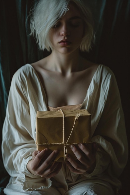 a portrait of a person holding a White Day gift