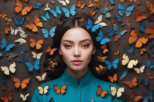 Portrait of person surrounded by butterflies