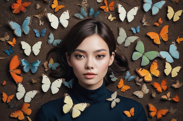 Portrait of person surrounded by butterflies