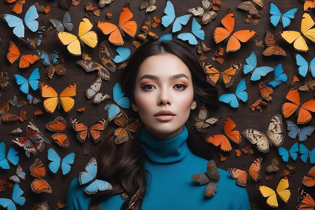 Portrait of person surrounded by butterflies