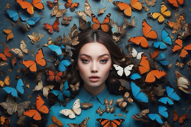 Portrait of person surrounded by butterflies