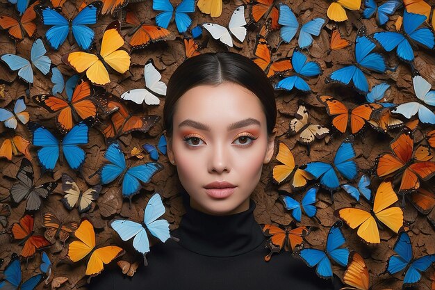 Portrait of person surrounded by butterflies