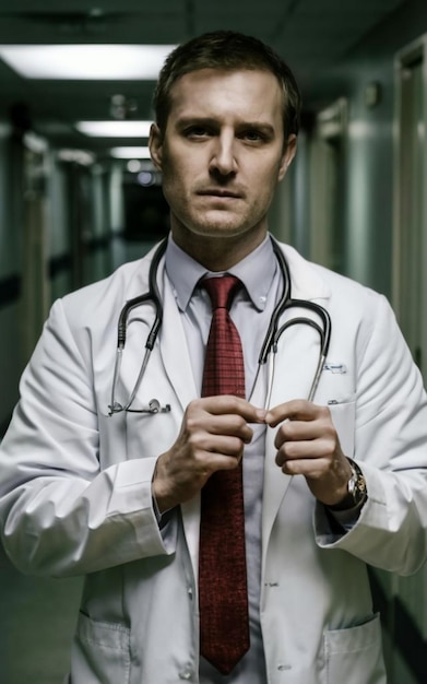 portrait A person in a white coat presumably a doctor with a red tie against a grey background