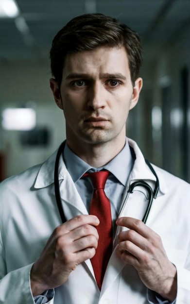 portrait A person in a white coat presumably a doctor with a red tie against a grey background