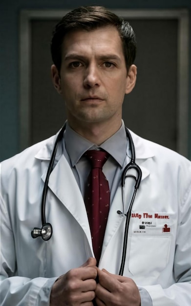 portrait A person in a white coat presumably a doctor with a red tie against a grey background