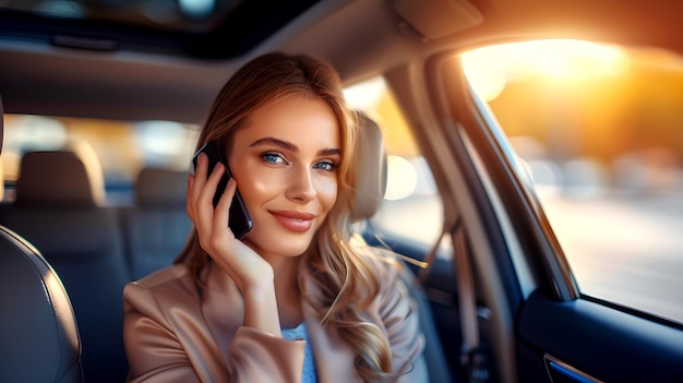 Portrait photo of a businesswoman sitting in a car and talking on a cell phone