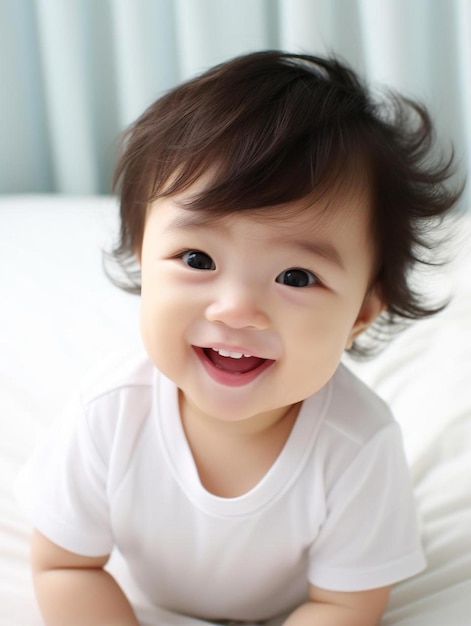 Portrait photo of chinese infant female wavy hair smiling