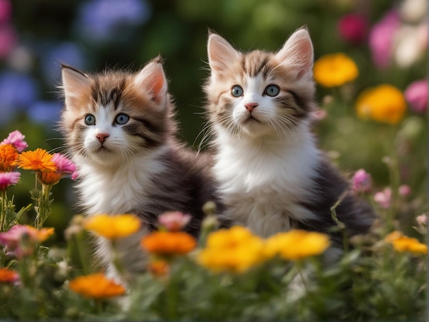 Portrait photo of cute and fluffy kittens in garden peaking out full of colourful flowers