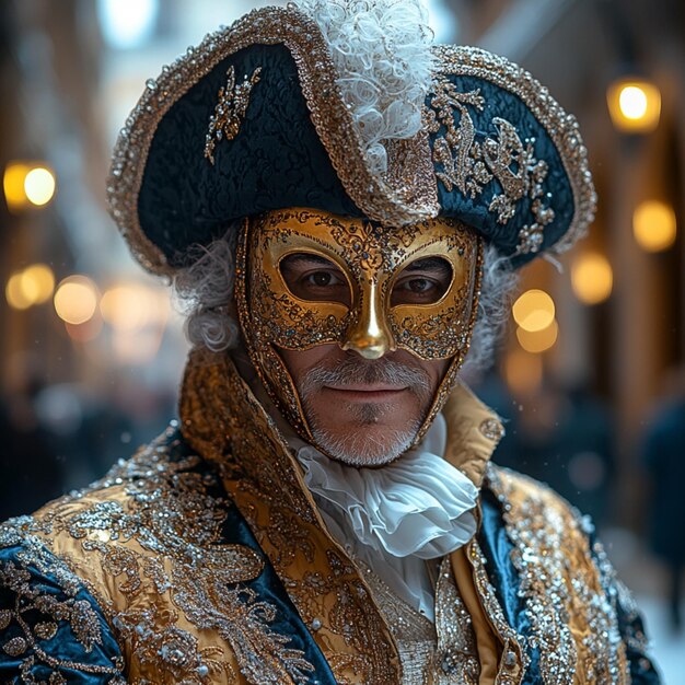 Photo portrait photo of a handsome venetian man elegantly wearing a fancy carnival mask