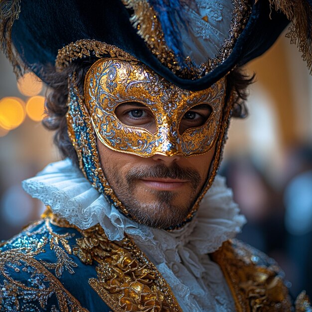 Portrait photo of a Handsome Venetian man elegantly wearing a fancy carnival mask