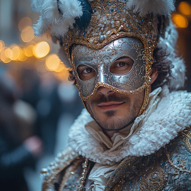 Photo portrait photo of a handsome venetian man elegantly wearing a fancy carnival mask