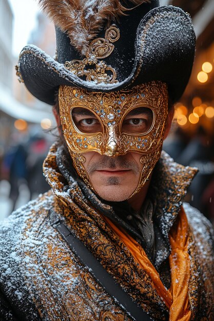 Photo portrait photo of a handsome venetian man elegantly wearing a fancy carnival mask