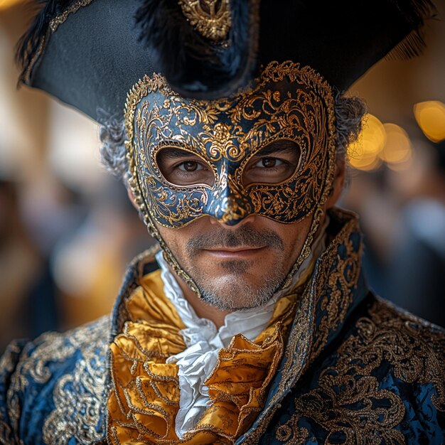 Photo portrait photo of a handsome venetian man elegantly wearing a fancy carnival mask