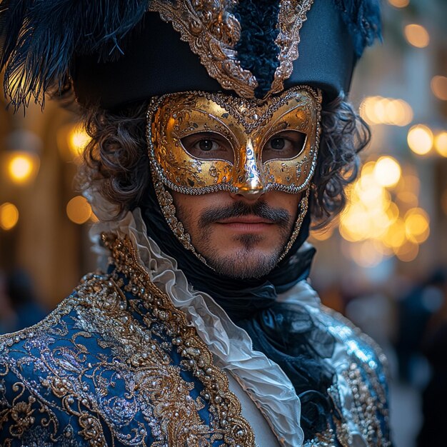 Portrait photo of a Handsome Venetian man elegantly wearing a fancy carnival mask