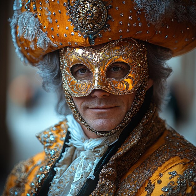 Photo portrait photo of a handsome venetian man elegantly wearing a fancy carnival mask