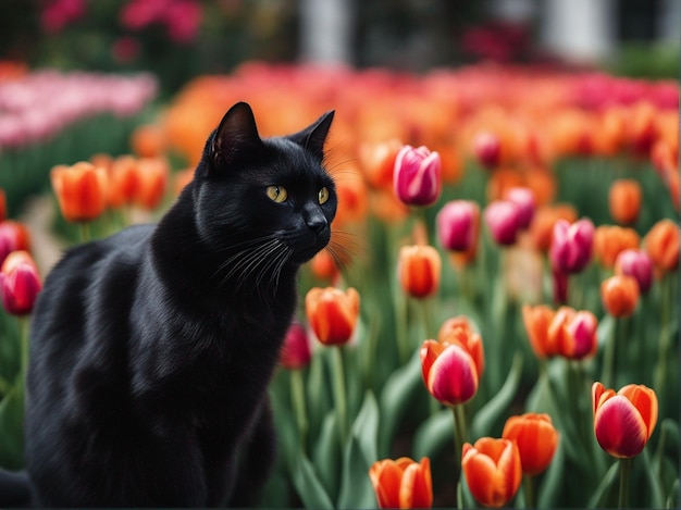 Portrait photo of majestic black cat in garden peaking out full of tulips flowers