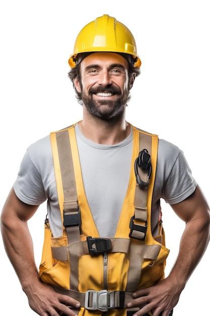 A portrait photo of a realistic smiling builder woman for the team of a website