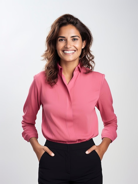 A portrait photo of a realistic smiling business woman for the team of a website view above the wai