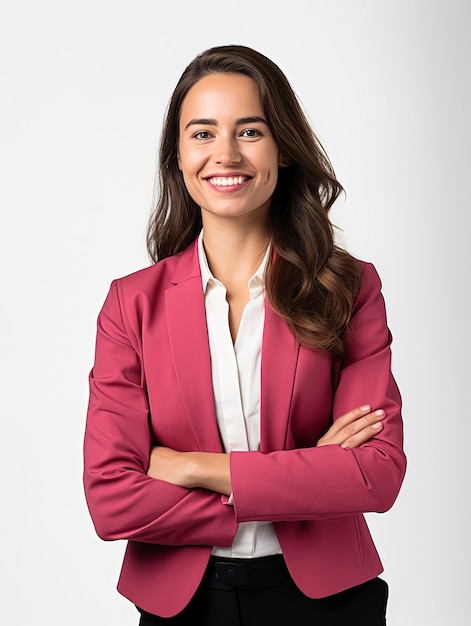 A portrait photo of a realistic smiling business woman for the team of a website view above the wai