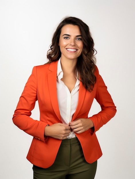 A portrait photo of a realistic smiling business woman for the team of a website view above the wais