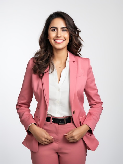 A portrait photo of a realistic smiling business woman for the team of a website view above the wais