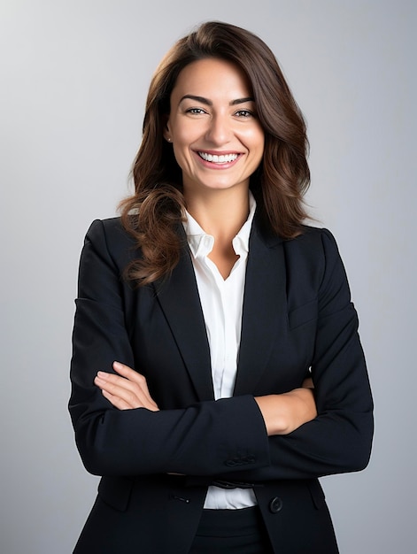 A portrait photo of a realistic smiling business woman for the team of a website view above the wais