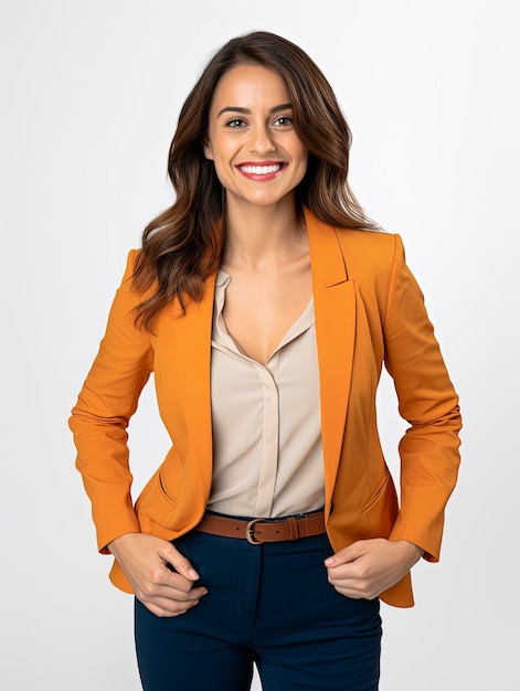 A portrait photo of a realistic smiling business woman for the team of a website view above the wais