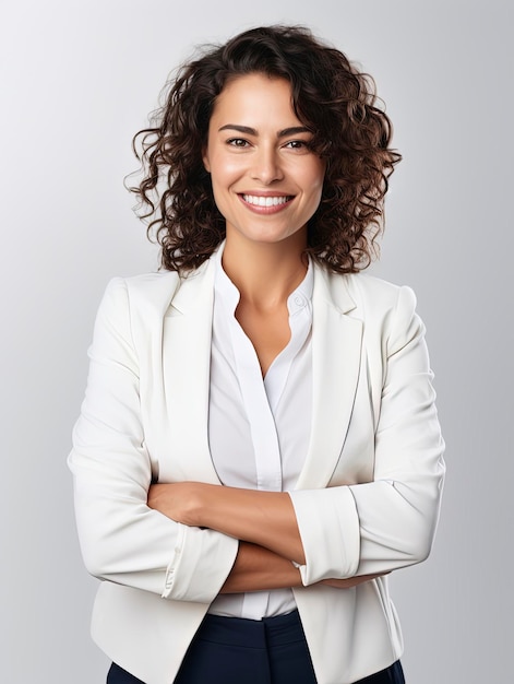 A portrait photo of a realistic smiling business woman for the team of a website view above the wais