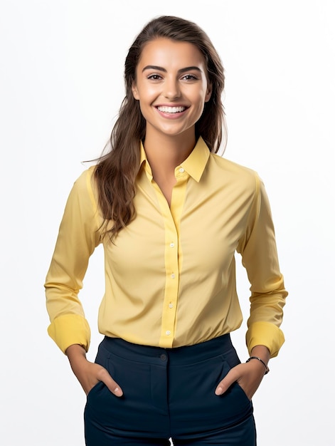 A portrait photo of a realistic smiling business woman for the team of a website view above the wais