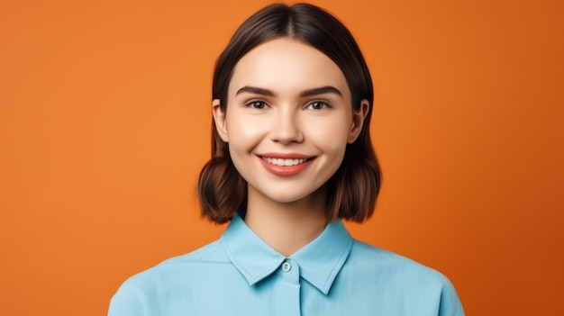 Portrait photo of young smile confident woman on color background