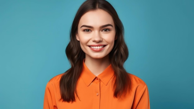 Portrait photo of young smile confident woman on color background