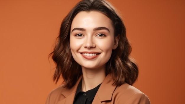 Portrait photo of young smile confident woman on color background